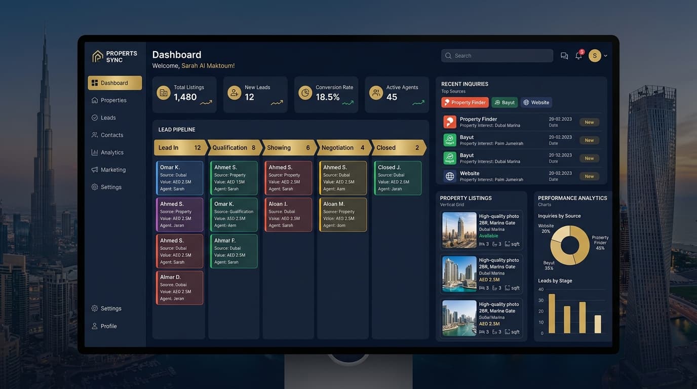 Nexlence Real Estate CRM Dashboard showing Property Finder and Bayut lead ingestion