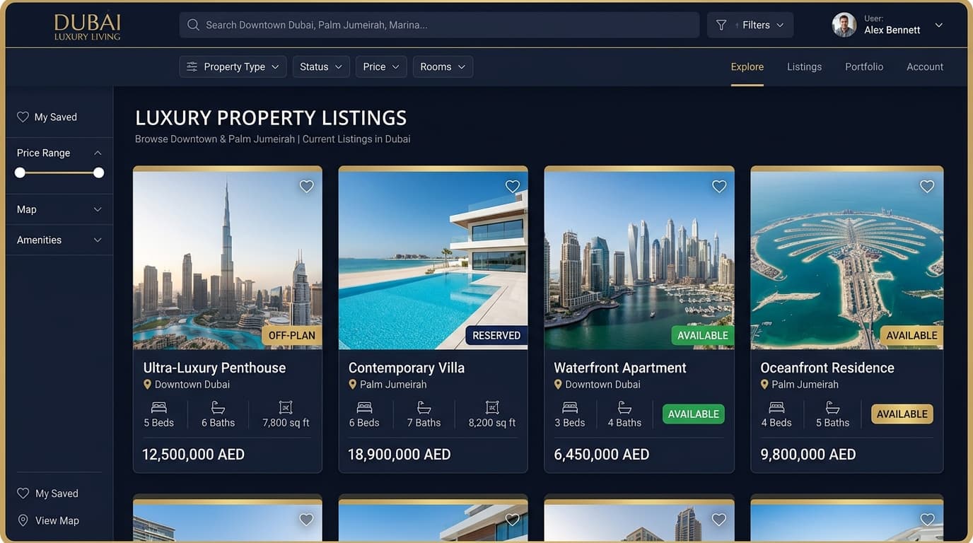 Nexlence Property Listings Management Interface showing Dubai luxury properties